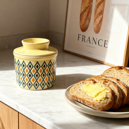 French Ceramic Butter Crock with Lid for Countertop - Retro Diamond