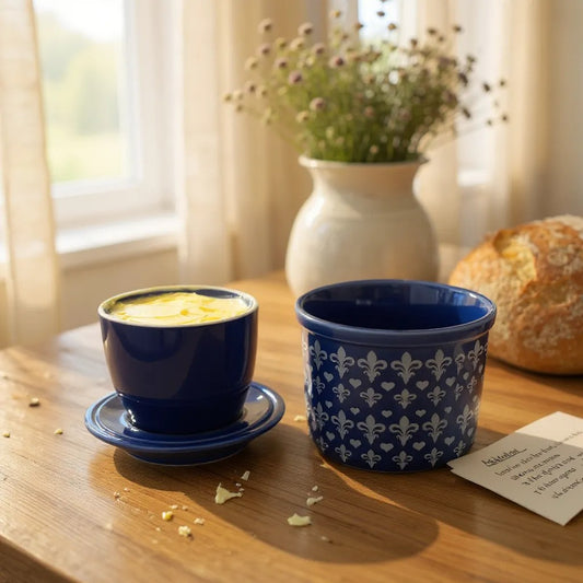 French Ceramic Butter Crock with Lid for Countertop - Blue Fleur