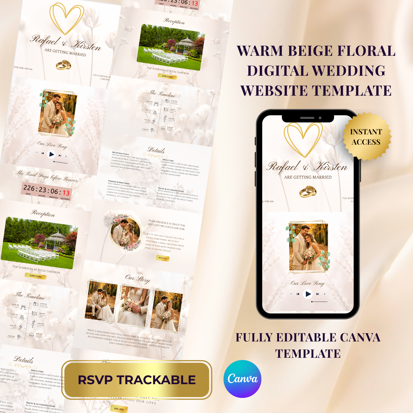Warm Beige Floral Theme Wedding Website Template Canva, Modern Digital Invitation