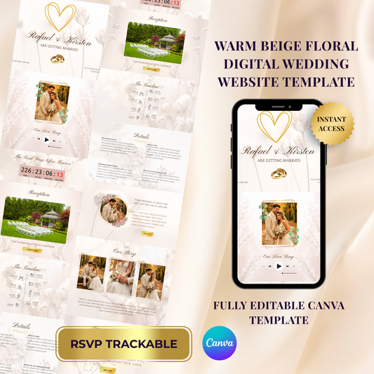 Warm Beige Floral Theme Wedding Website Template Canva, Modern Digital Invitation
