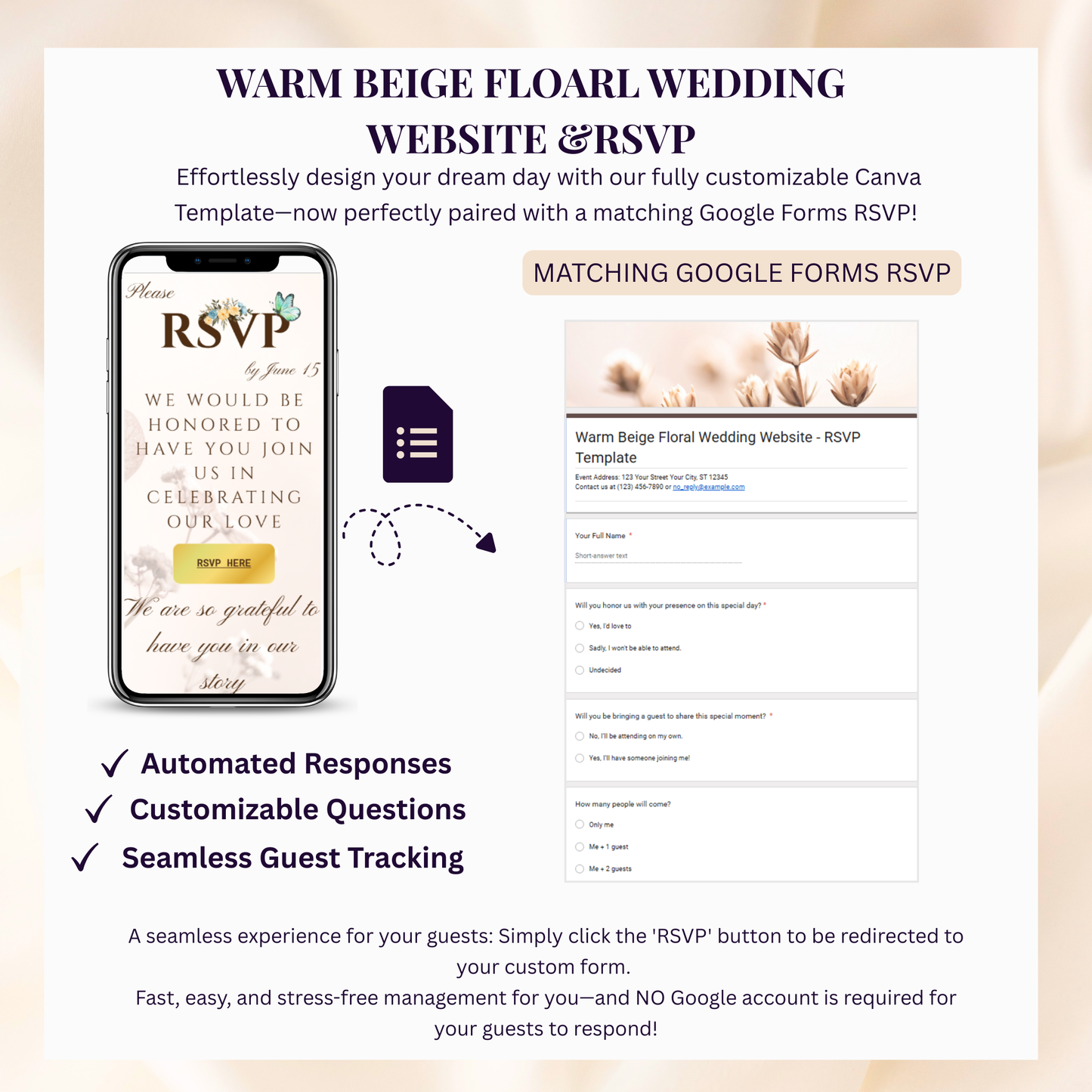 Warm Beige Floral Theme Wedding Website Template Canva, Modern Digital Invitation