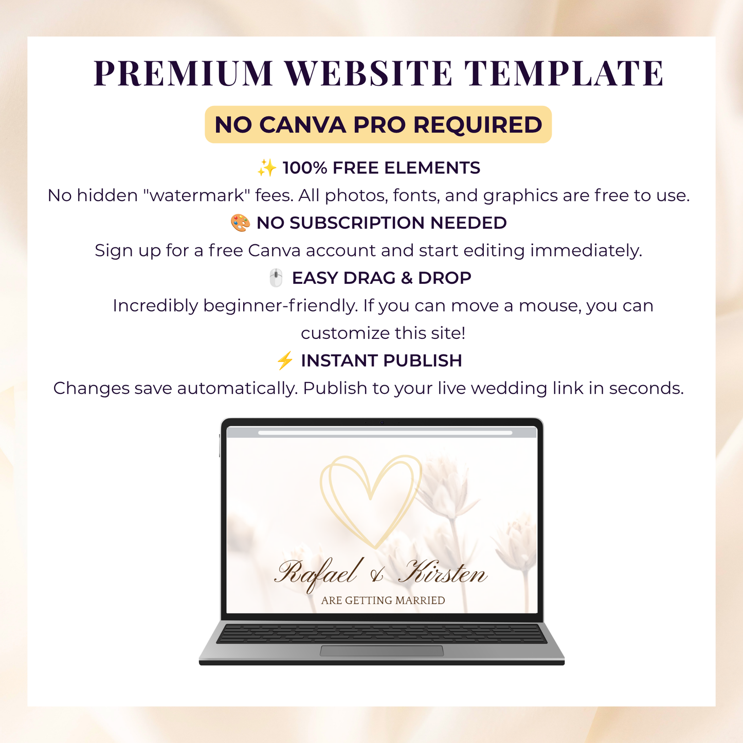 Warm Beige Floral Theme Wedding Website Template Canva, Modern Digital Invitation