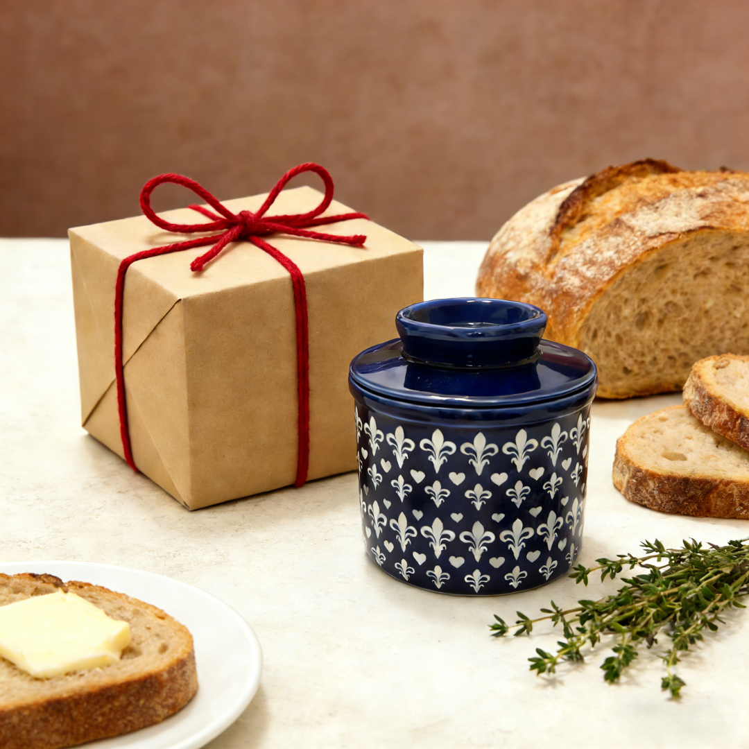 French Ceramic Butter Crock with Lid for Countertop - Blue Fleur