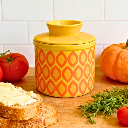 French Ceramic Butter Crock with Lid for Countertop - Yellow Ovals