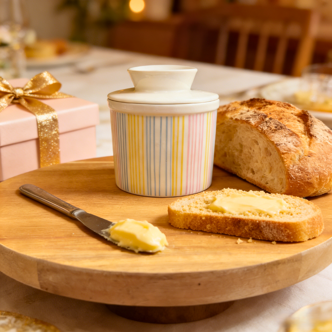 French Ceramic Butter Crock with Lid for Countertop - Pastel Stripes