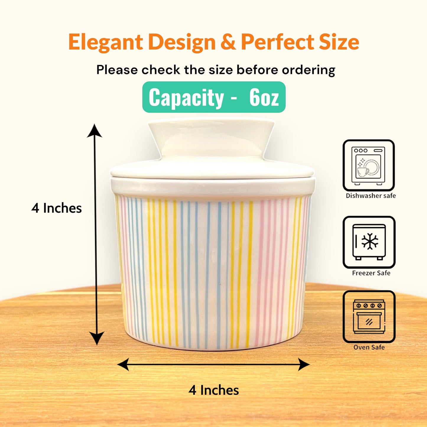French Ceramic Butter Crock with Lid for Countertop - Pastel Stripes