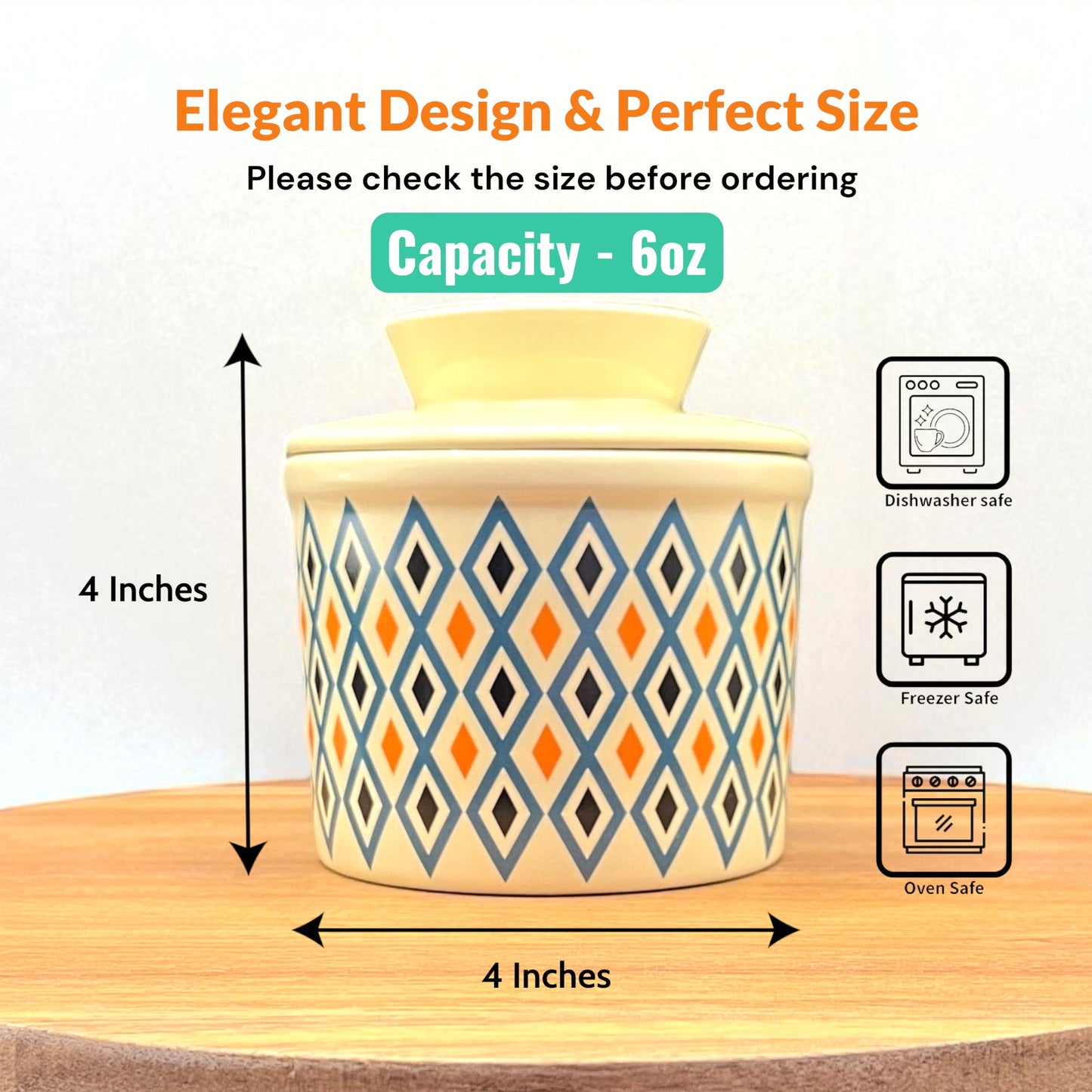 French Ceramic Butter Crock with Lid for Countertop - Retro Diamond