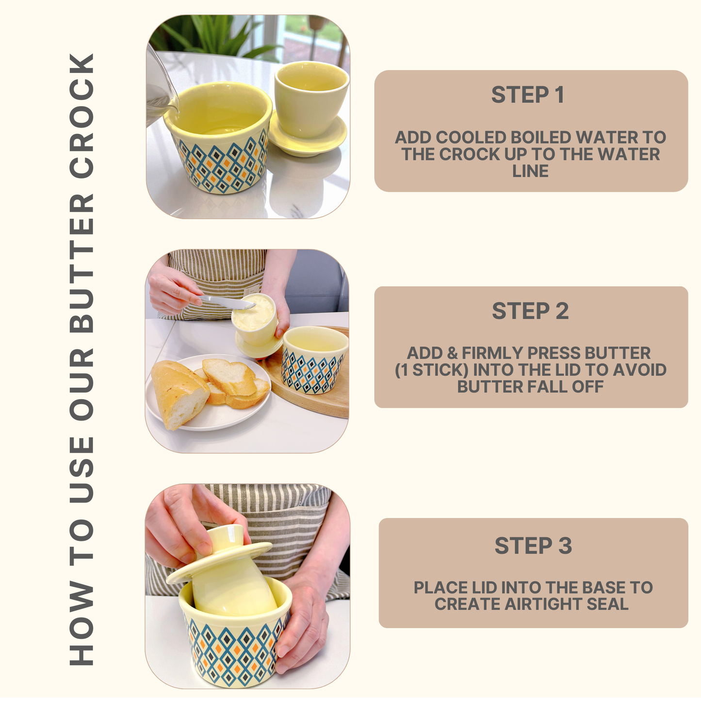 French Ceramic Butter Crock with Lid for Countertop - Retro Diamond