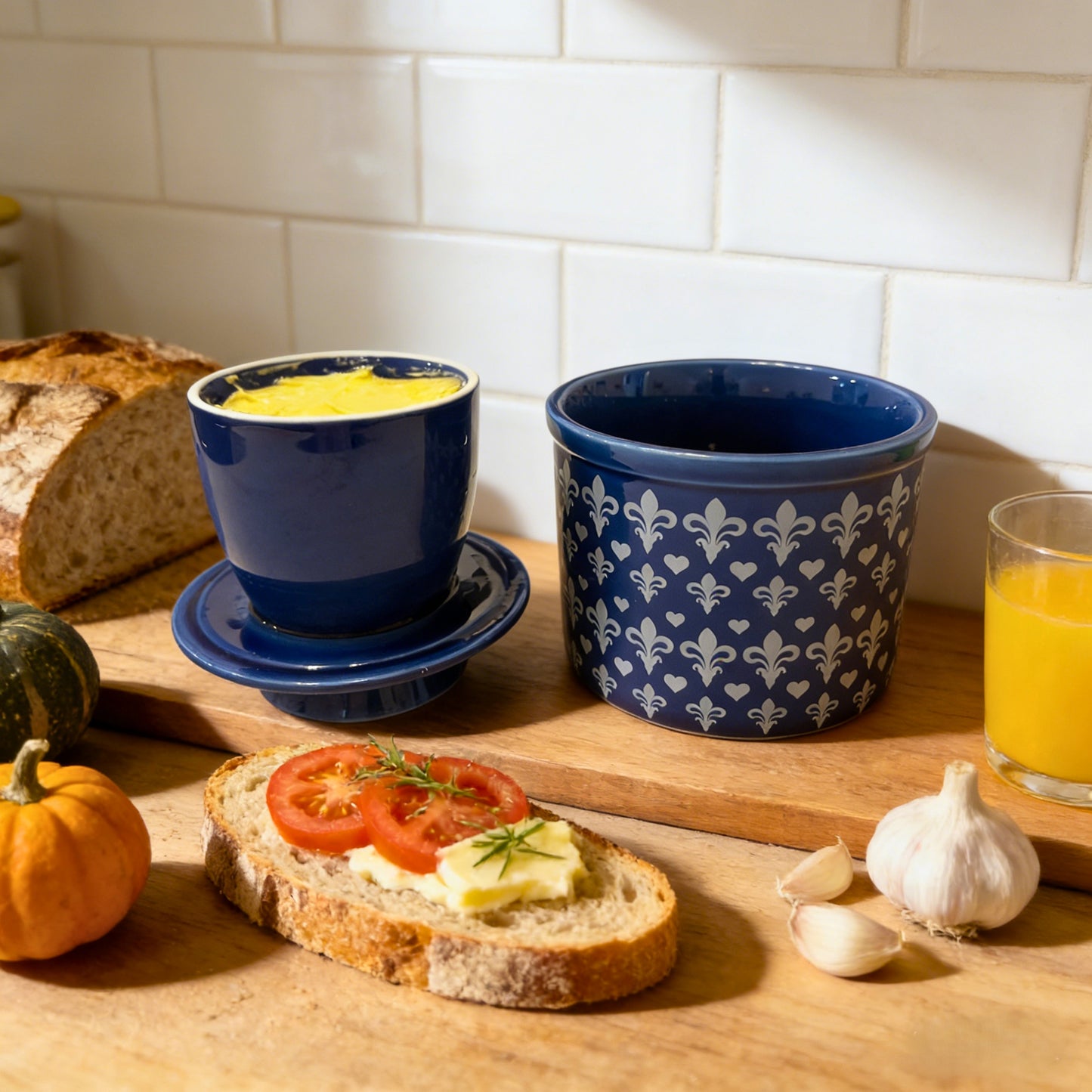 French Ceramic Butter Crock with Lid for Countertop - Blue Fleur
