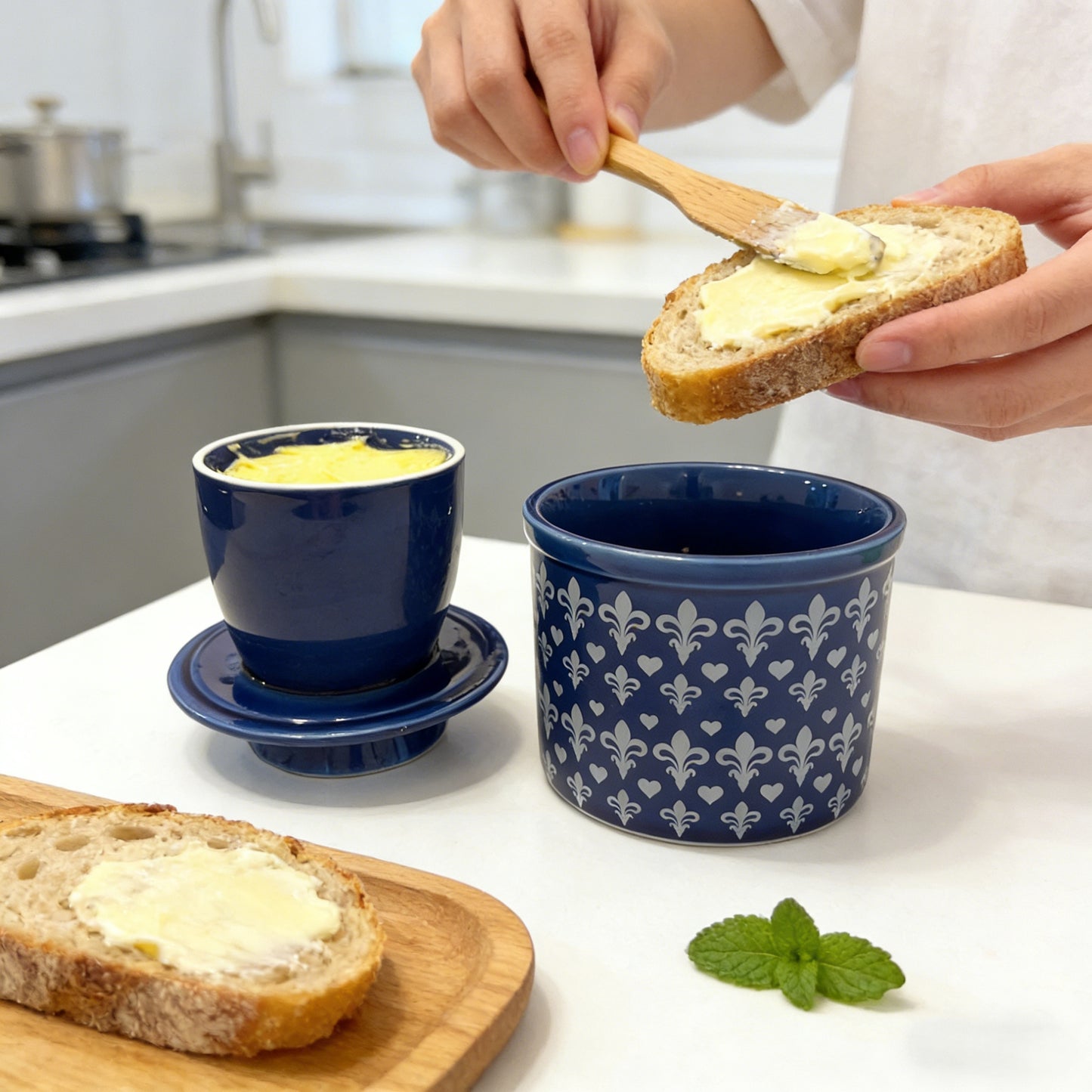French Ceramic Butter Crock with Lid for Countertop - Blue Fleur