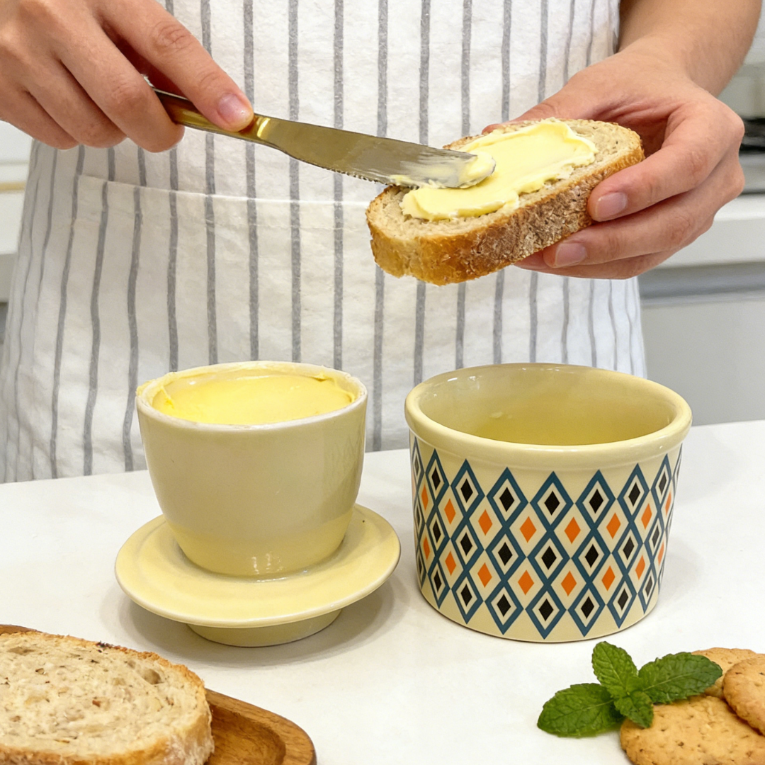 French Ceramic Butter Crock with Lid for Countertop - Retro Diamond