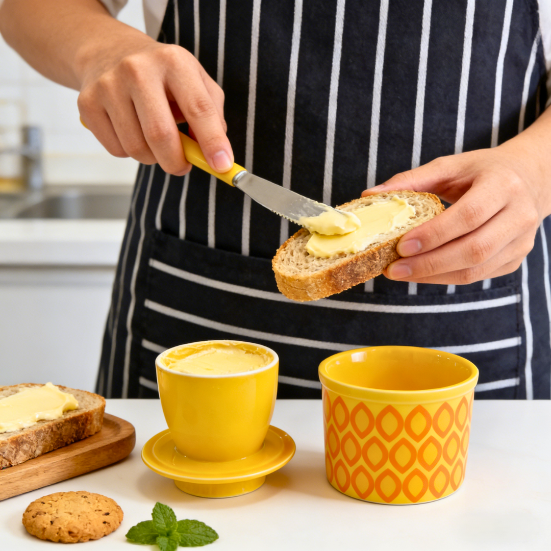 French Ceramic Butter Crock with Lid for Countertop - Yellow Ovals