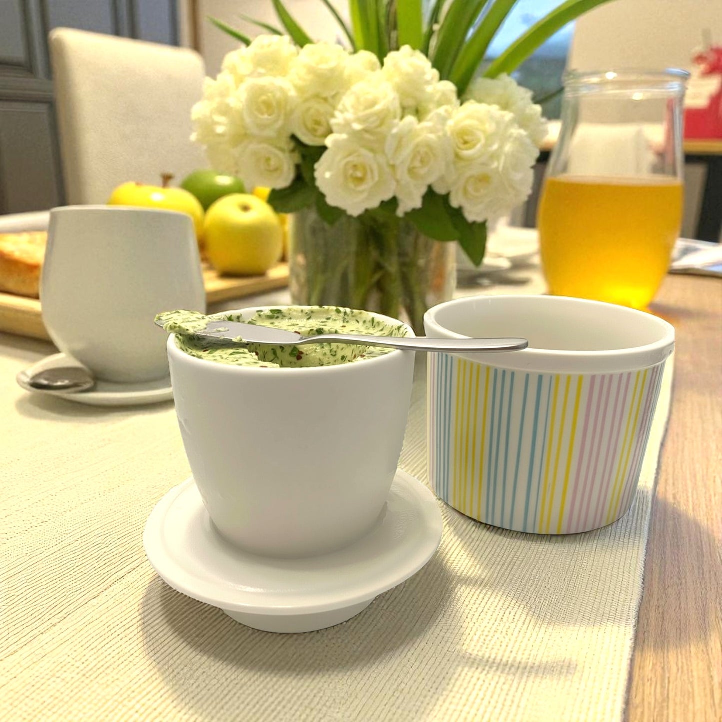 French Ceramic Butter Crock with Lid for Countertop - Pastel Stripes