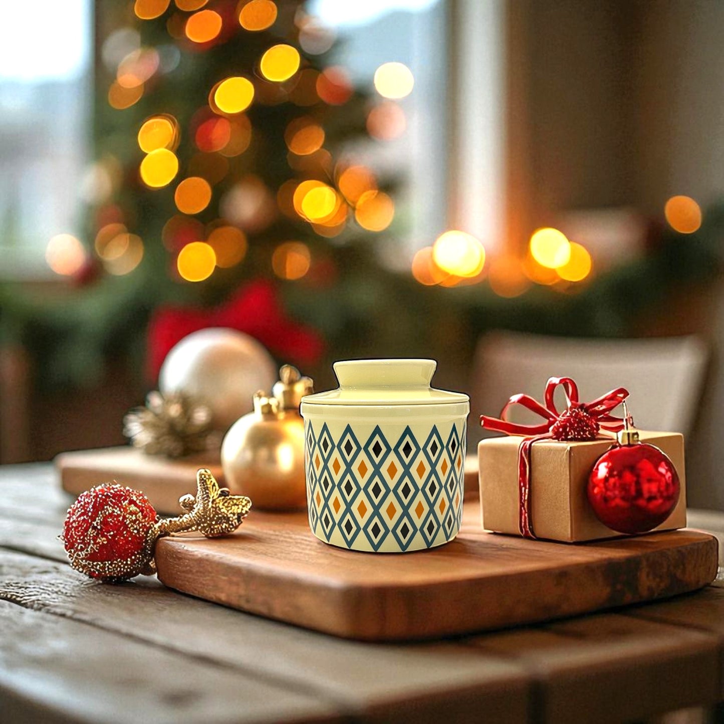 French Ceramic Butter Crock with Lid for Countertop - Retro Diamond