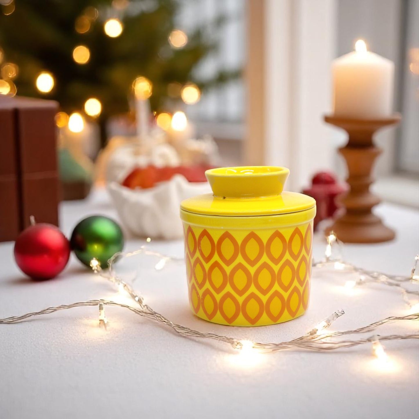French Ceramic Butter Crock with Lid for Countertop - Yellow Ovals