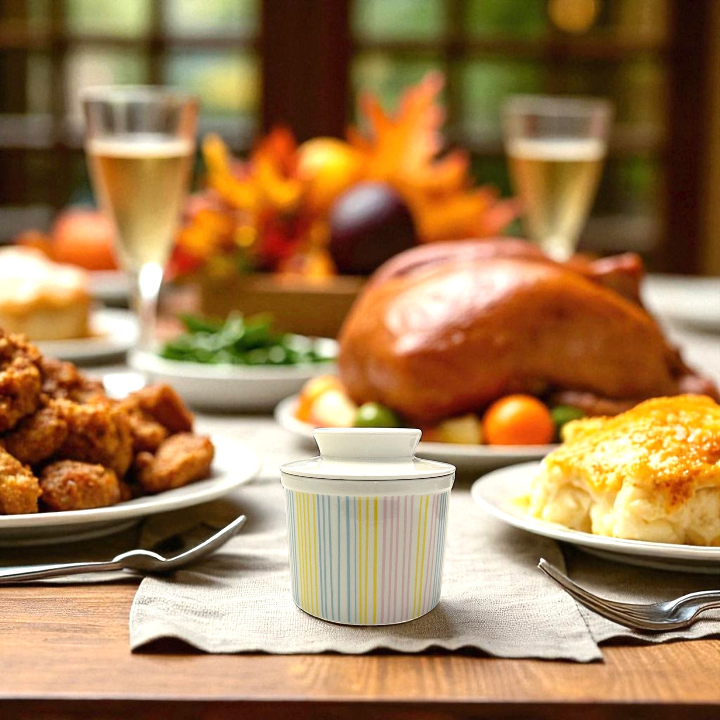 French Ceramic Butter Crock with Lid for Countertop - Pastel Stripes