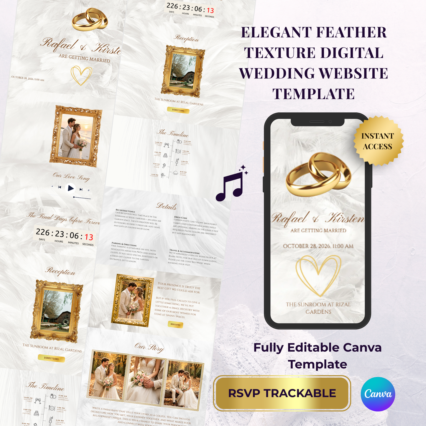 Elegant Feather Texture Theme Wedding Website Template Canva, Modern Digital Invitation