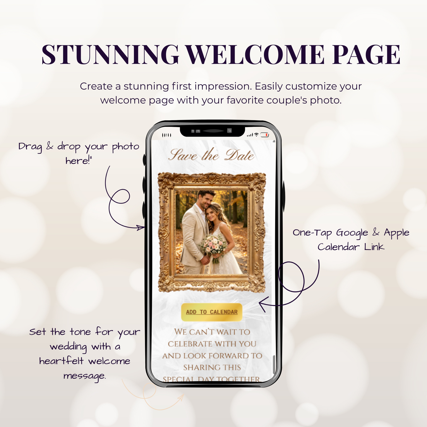 Elegant Feather Texture Theme Wedding Website Template Canva, Modern Digital Invitation