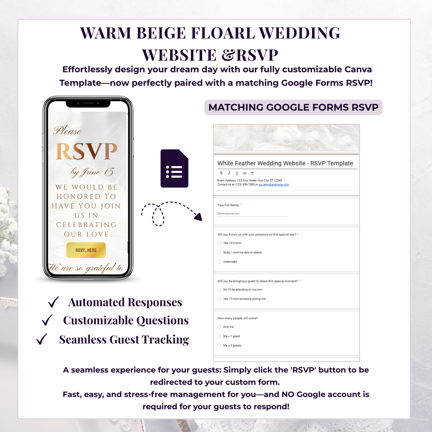Elegant Feather Texture Theme Wedding Website Template Canva, Modern Digital Invitation