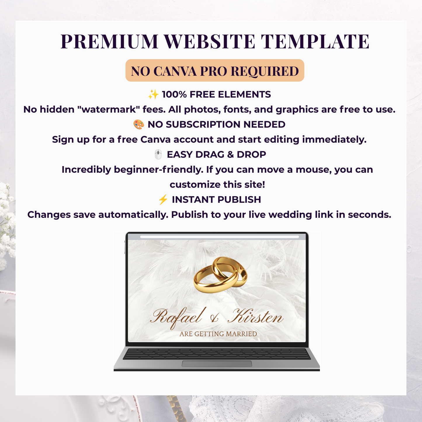 Elegant Feather Texture Theme Wedding Website Template Canva, Modern Digital Invitation