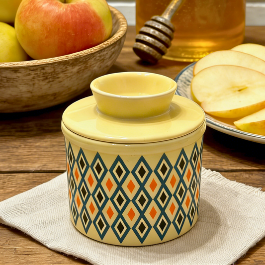 French Ceramic Butter Crock with Lid for Countertop - Retro Diamond