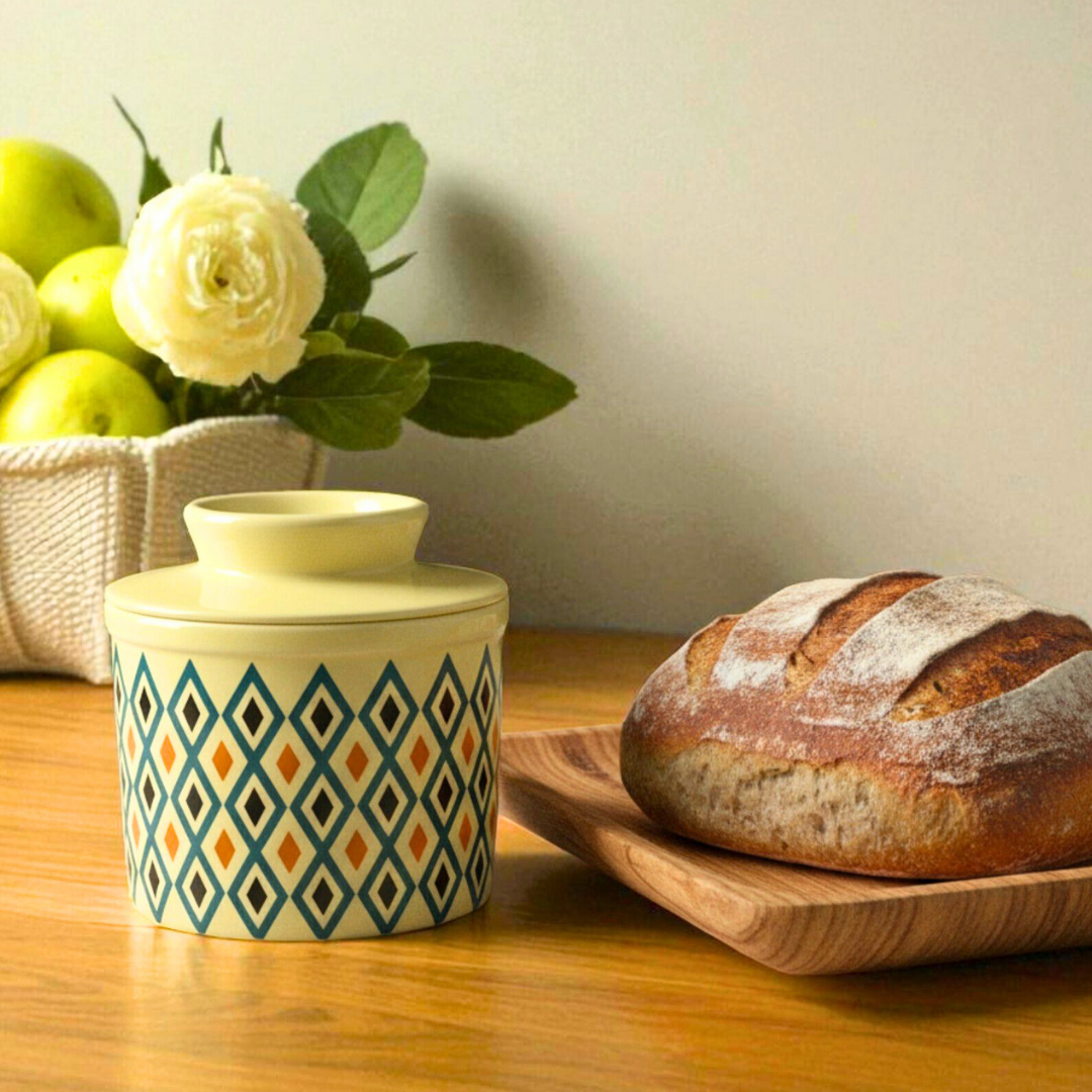 French Ceramic Butter Crock with Lid for Countertop - Retro Diamond