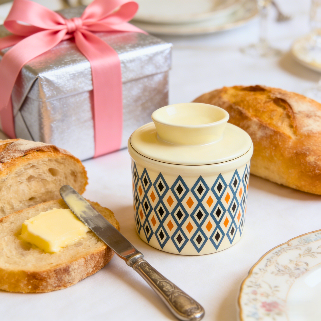 French Ceramic Butter Crock with Lid for Countertop - Retro Diamond