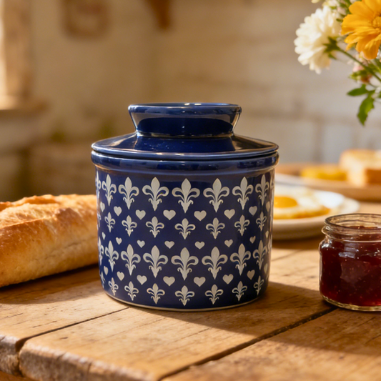 French Ceramic Butter Crock with Lid for Countertop - Blue Fleur