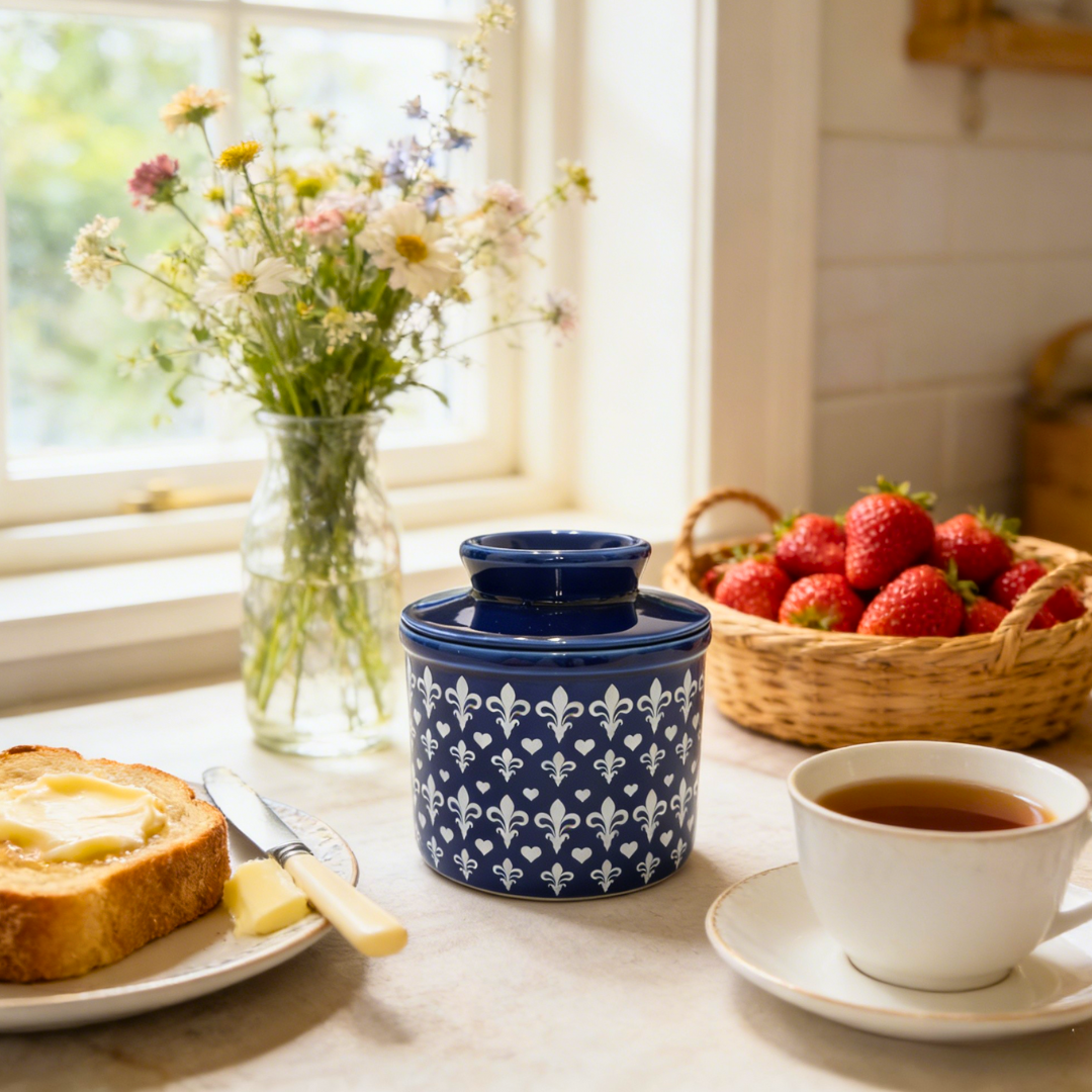 French Ceramic Butter Crock with Lid for Countertop - Blue Fleur