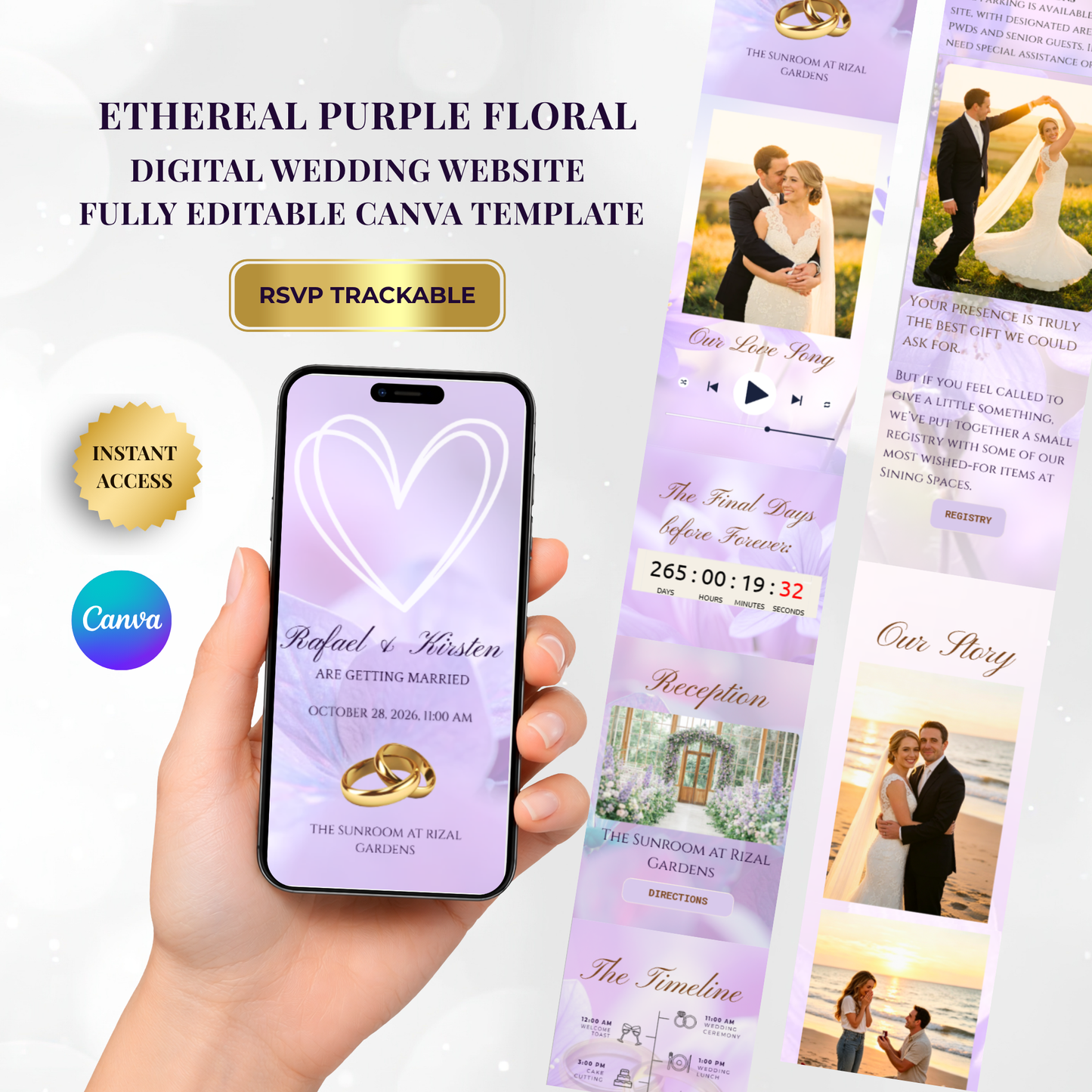 Ethereal Purple Floral Theme Wedding Website Template Canva, Modern Electronic Invitation