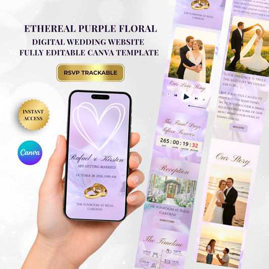 Ethereal Purple Floral Theme Wedding Website Template Canva, Modern Electronic Invitation