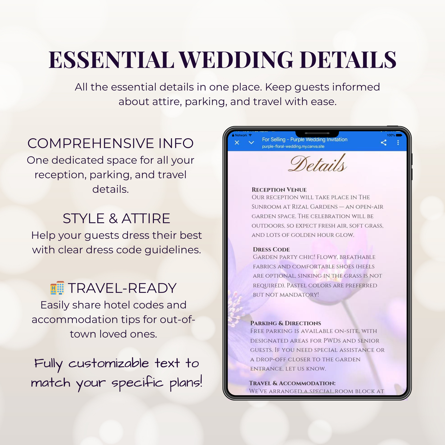 Ethereal Purple Floral Theme Wedding Website Template Canva, Modern Electronic Invitation