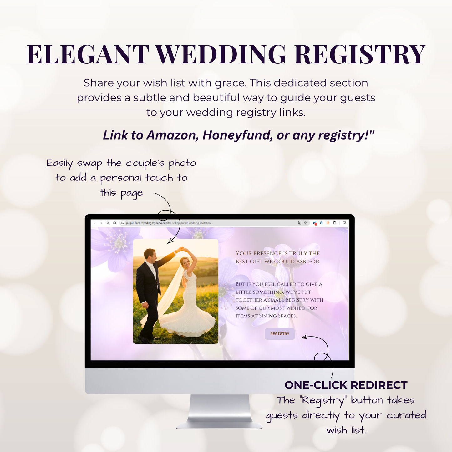Ethereal Purple Floral Theme Wedding Website Template Canva, Modern Electronic Invitation