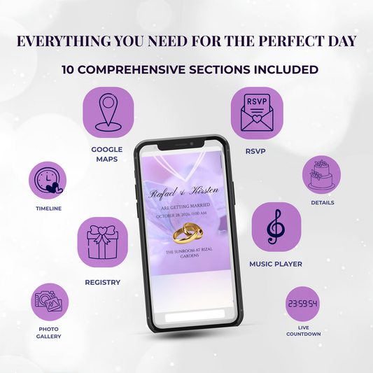 Ethereal Purple Floral Theme Wedding Website Template Canva, Modern Electronic Invitation