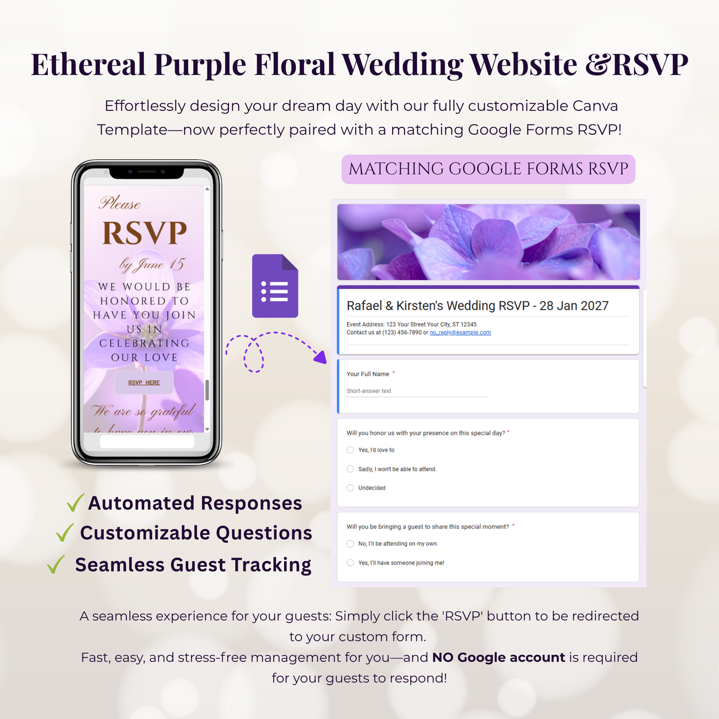 Ethereal Purple Floral Theme Wedding Website Template Canva, Modern Electronic Invitation