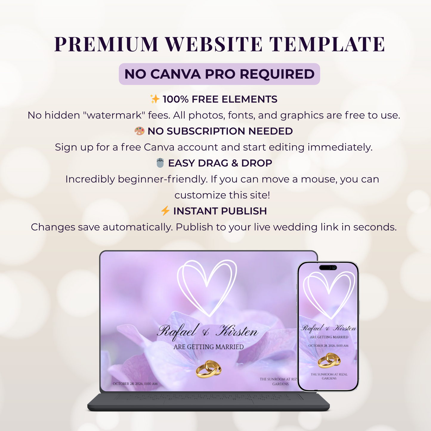 Ethereal Purple Floral Theme Wedding Website Template Canva, Modern Electronic Invitation