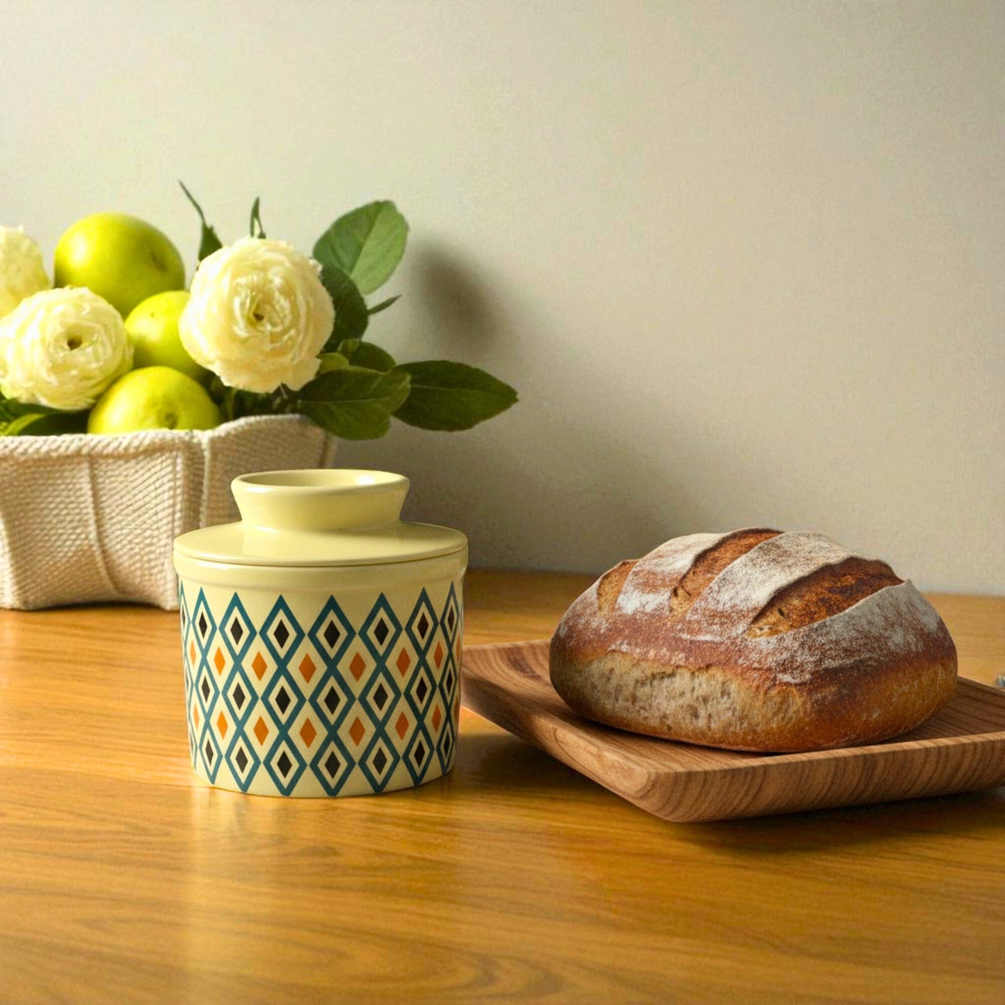 French Ceramic Butter Crock with Lid for Countertop - Retro Diamond