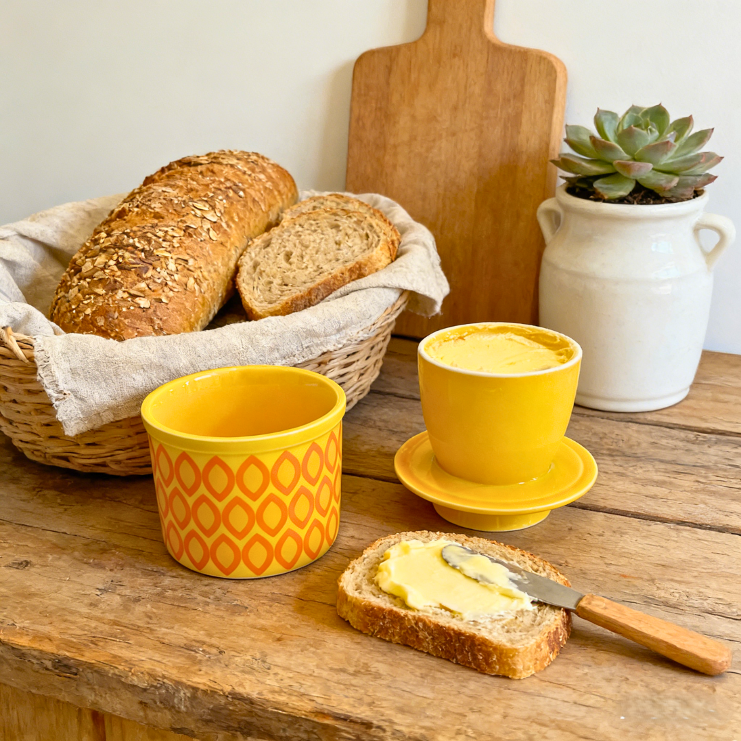 French Ceramic Butter Crock with Lid for Countertop - Yellow Ovals