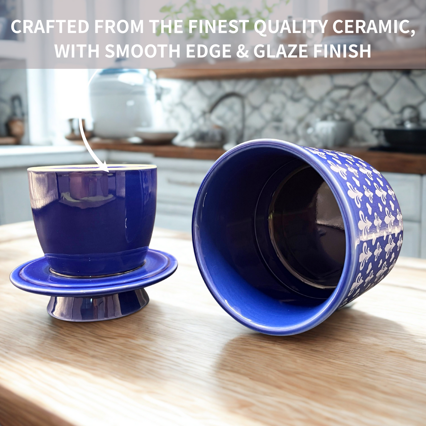 French Ceramic Butter Crock with Lid for Countertop - Blue Fleur