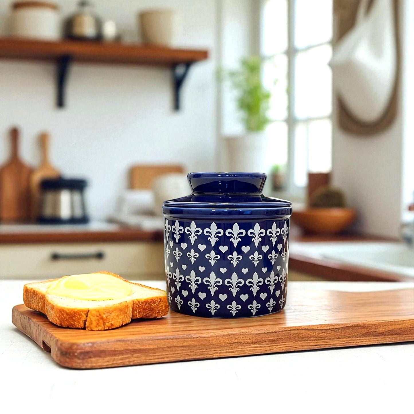 French Ceramic Butter Crock with Lid for Countertop - Blue Fleur