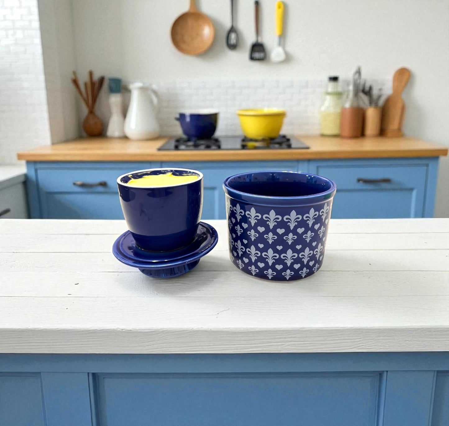 French Ceramic Butter Crock with Lid for Countertop - Blue Fleur