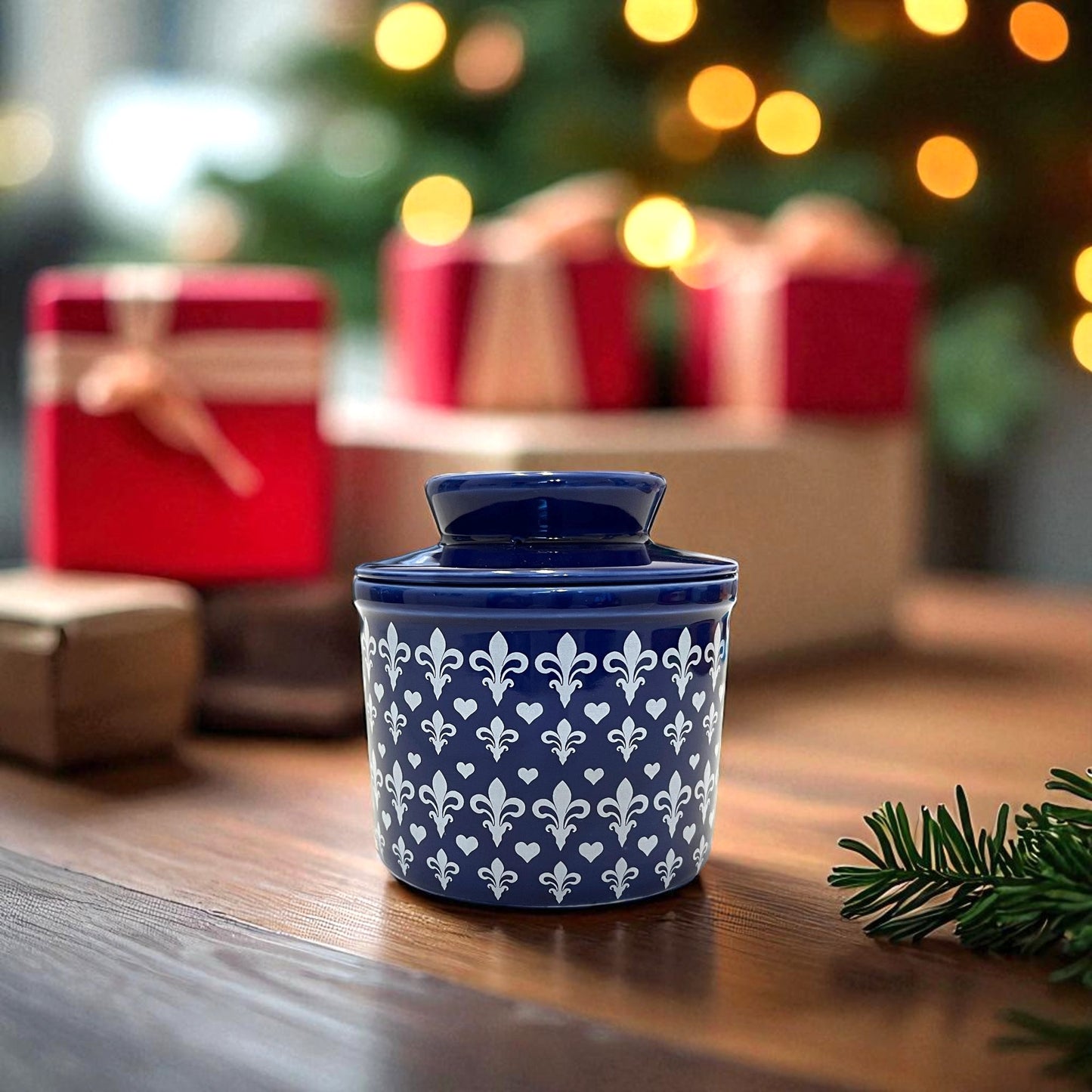 French Ceramic Butter Crock with Lid for Countertop - Blue Fleur