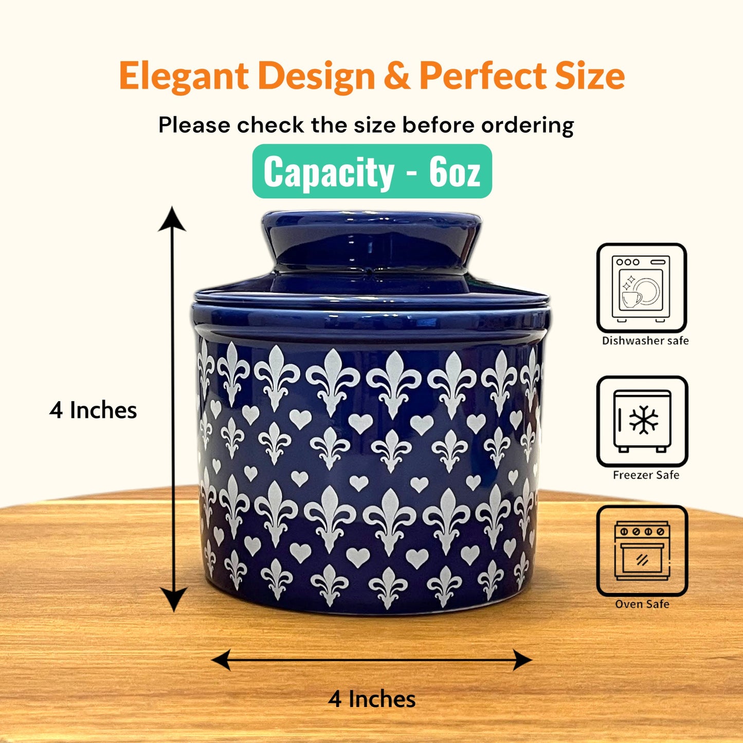 French Ceramic Butter Crock with Lid for Countertop - Blue Fleur