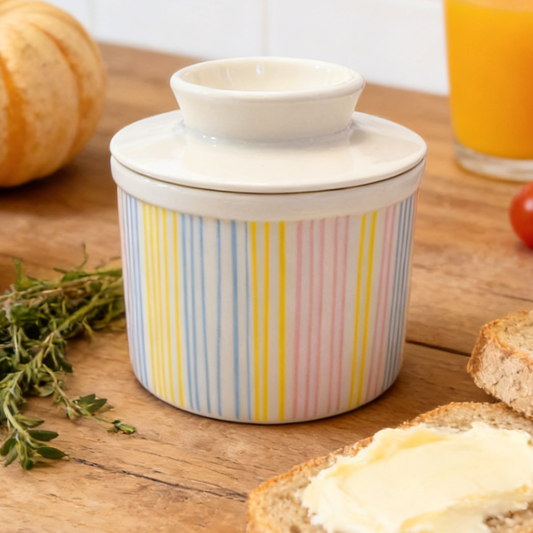 French Ceramic Butter Crock with Lid for Countertop - Pastel Stripes