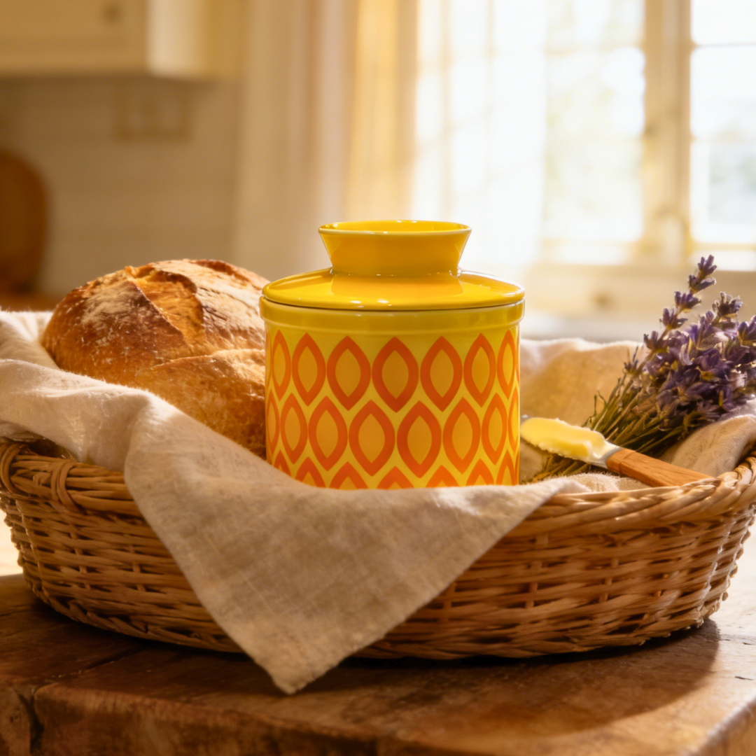 French Ceramic Butter Crock with Lid for Countertop - Yellow Ovals