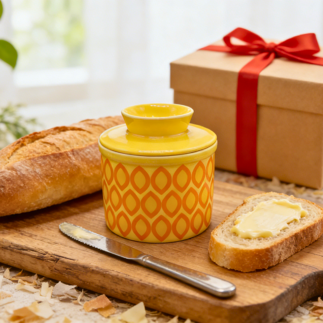 French Ceramic Butter Crock with Lid for Countertop - Yellow Ovals