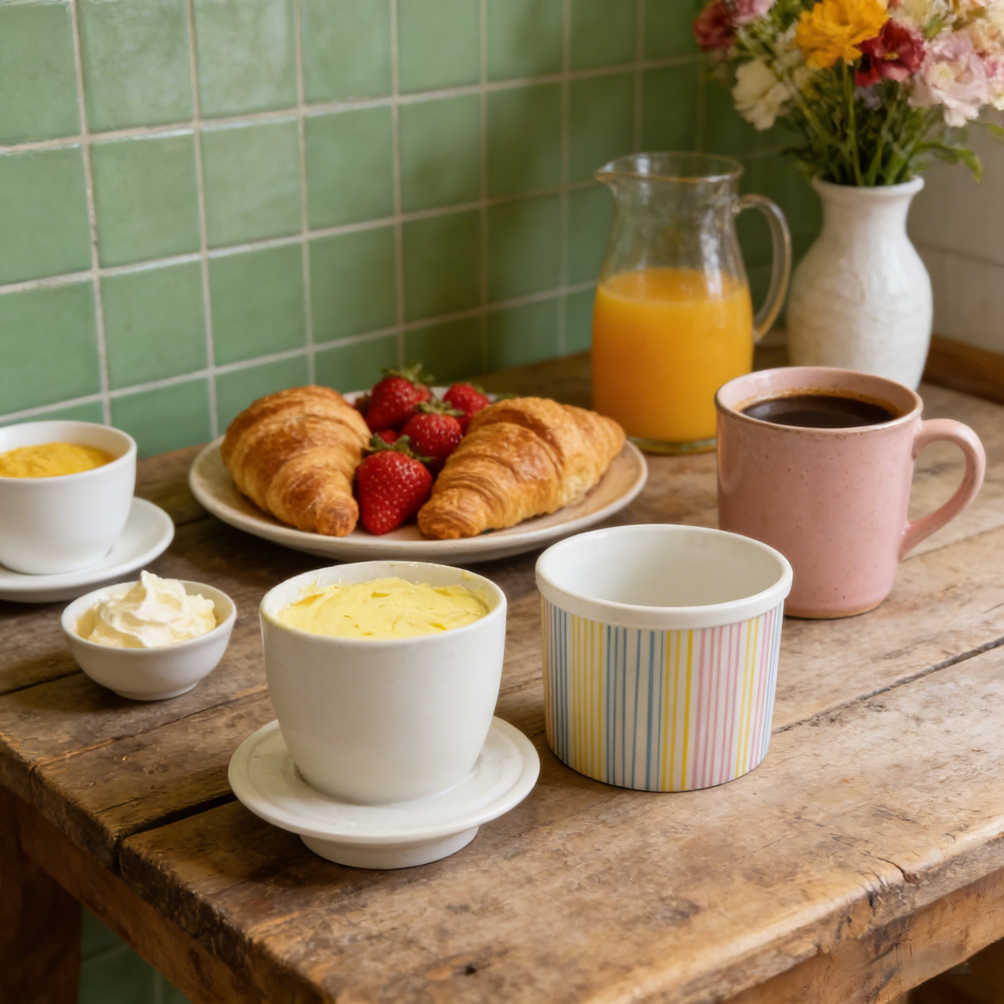 French Ceramic Butter Crock with Lid for Countertop - Pastel Stripes