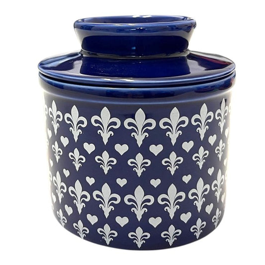 French Ceramic Butter Crock with Lid for Countertop - Blue Fleur