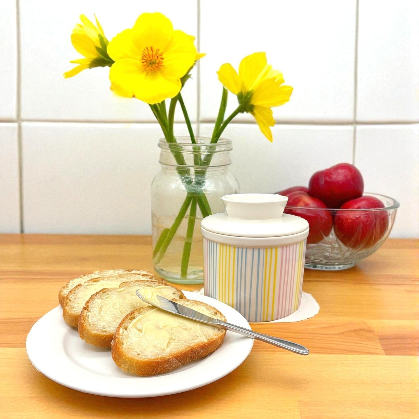 French Ceramic Butter Crock with Lid for Countertop - Pastel Stripes