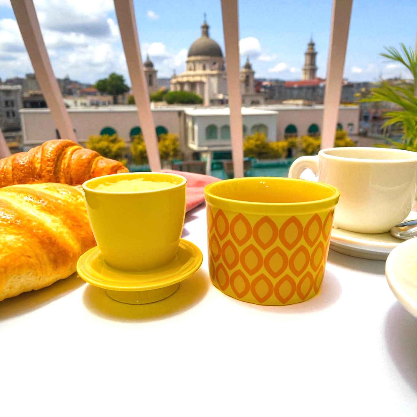 French Ceramic Butter Crock with Lid for Countertop - Yellow Ovals